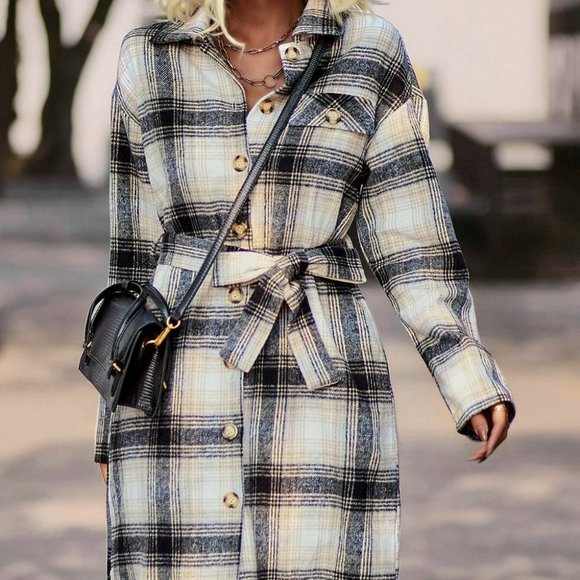 plaid print belted overcoat casual streetwear - Picture 5 of 7
